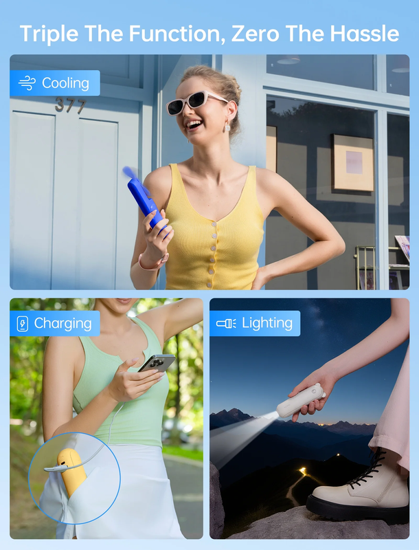 Portable Handheld Fan Rechargeable Mini Power Bank Flashlight Yellow2