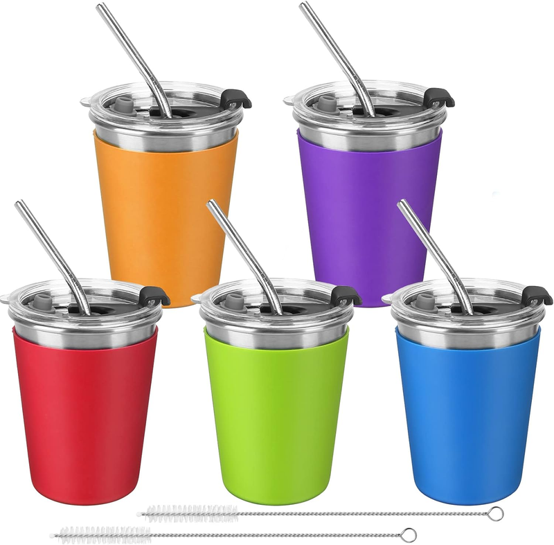 5PK Stainless Steel Kids Cups 12oz Spill Proof Lids Straws Silicone Sleeves11