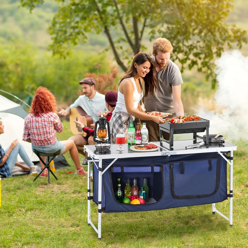 Camping Kitchen Table Folding Adjustable Height Cooking Station Aluminum Blue1