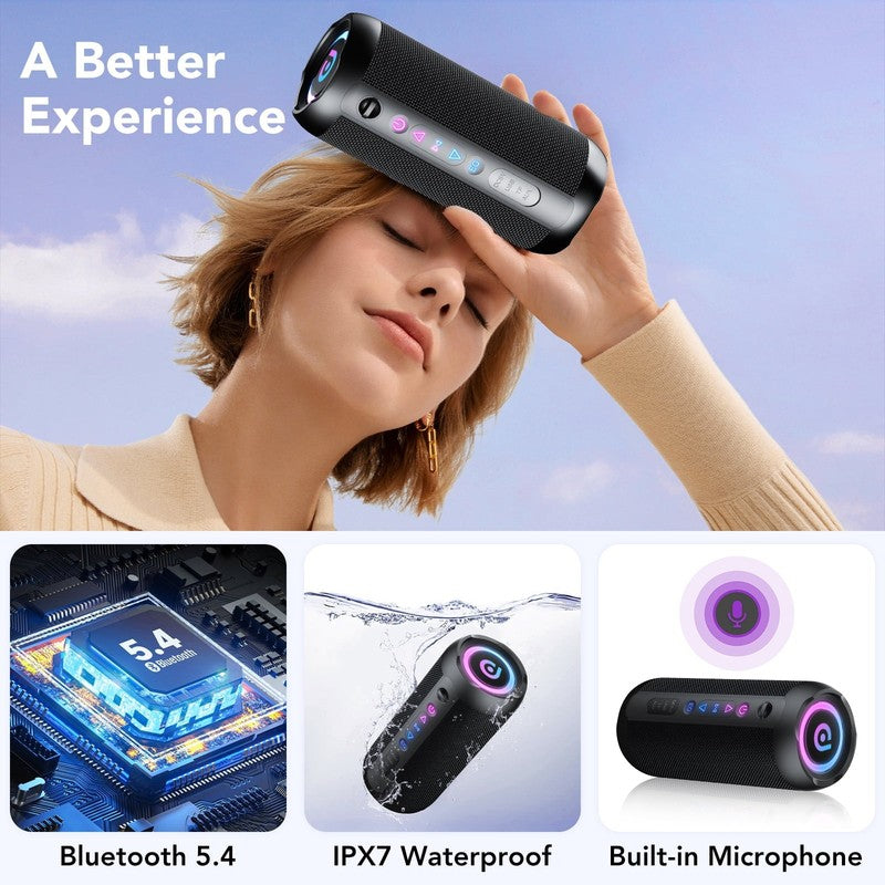 30W Portable Bluetooth Speaker – IPX7 Waterproof, Deep Bass, LED Lights, 4