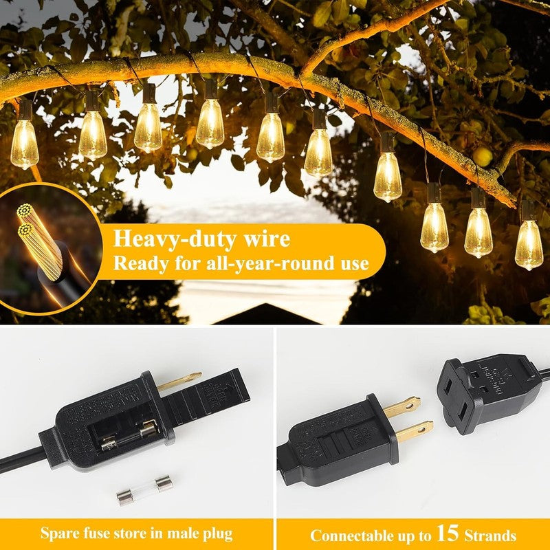 LED Outdoor String Lights 100FT Patio Lights with 52 Shatterproof ST38 Vintage E5