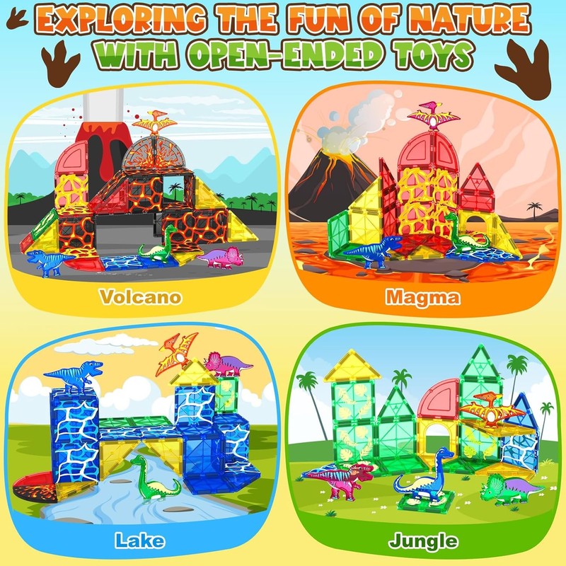 Dinosaur Magnetic Tiles Building Blocks Toy Kids Ages 3–8 Lava World Set4