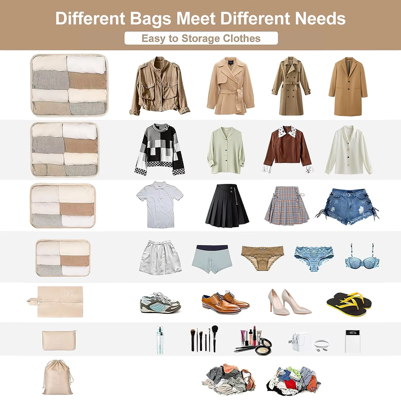 Travel Packing Cubes 9Pc Organizer Set Clothes Shoes Beige4