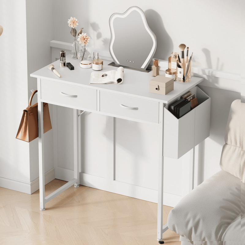32" Small Desk w/ Fabric Drawers & Storage Bag Vanity/Computer Desk White7