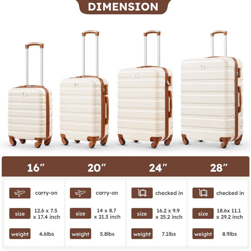 4 Piece Luggage Set Hardside Spinner Suitcase 16 20 24 28 Inch White Brown7