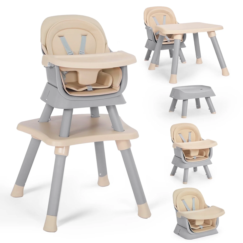 8 in 1 Baby High Chair, Toddler Dining Booster Seat for Eating, Khaki0