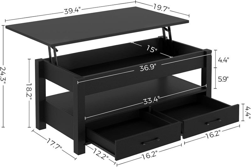 Lift Top Coffee Table w/ Drawers Hidden Compartment Retro Wooden Black2