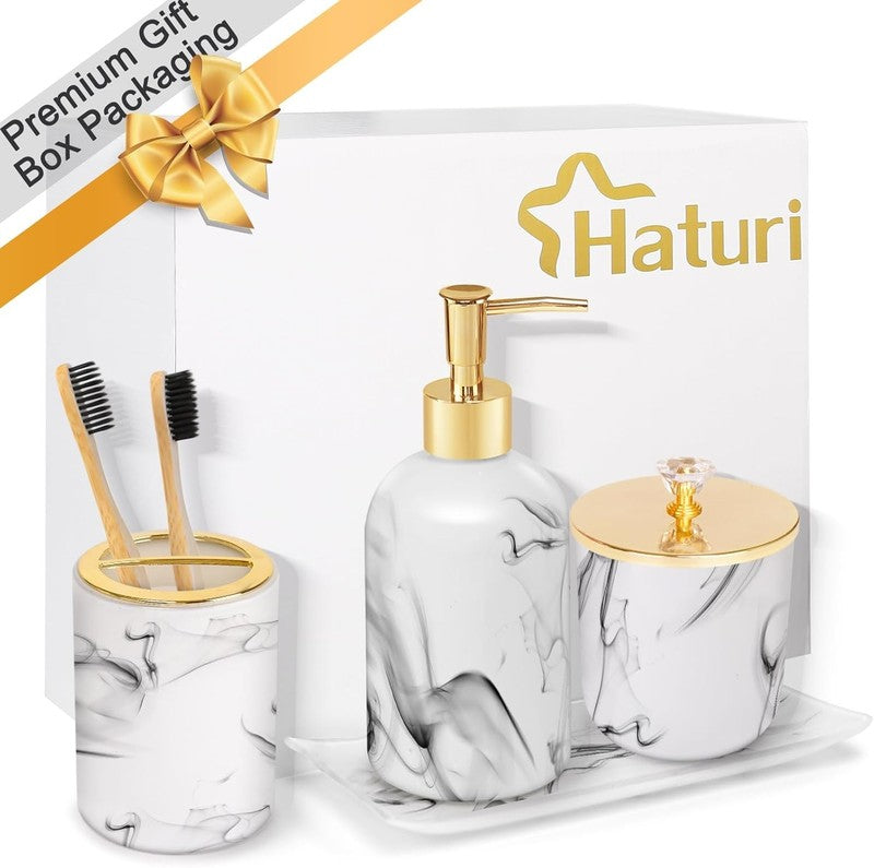 Marble Look Bathroom Accessories Set - 4 Pcs Soap Dispenser & Toothbrush Holder6