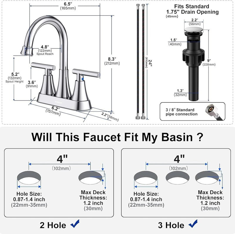 Chrome Bathroom Sink Faucet 4" Centerset w/ Pop Up Drain Supply Hoses4