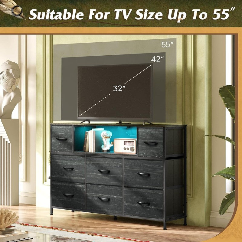 Black TV Stand Dresser LED Lights Charging Station 8 Fabric Drawers Open Shelf5