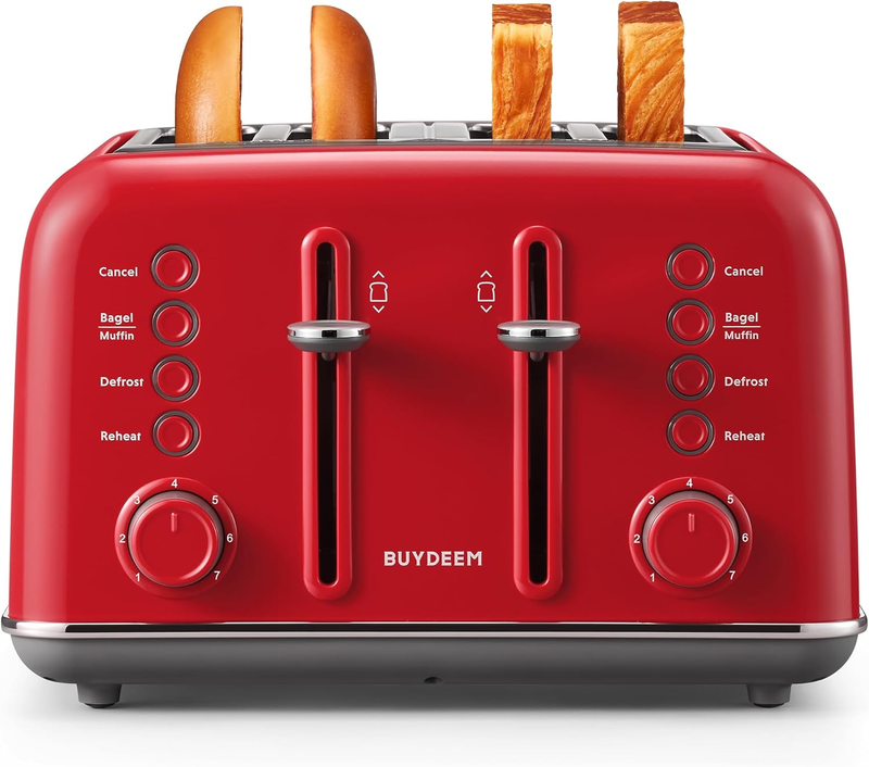 Retro 4 Slice Toaster 1800W Extra Wide Slots 7 Shade Bagel Muffin Stainless Red9