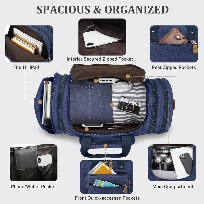 Canvas Duffle Bag for Travel 50L Expandable Duffel Overnight Bag Men (Blue)3