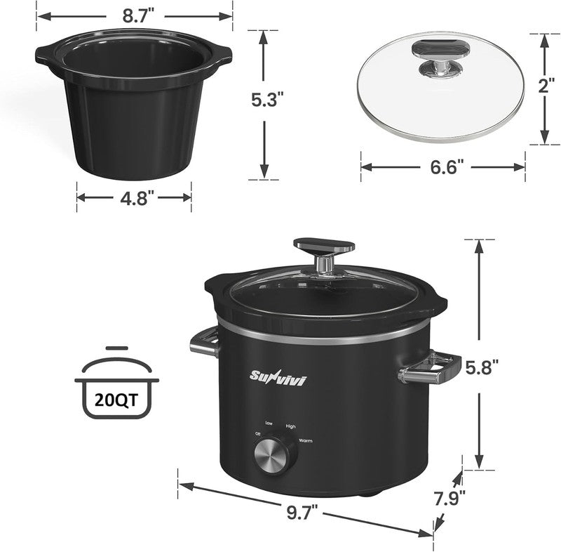 2Qt Slow Cooker Small Removable Ceramic 3-Setting Black Food Warmer7
