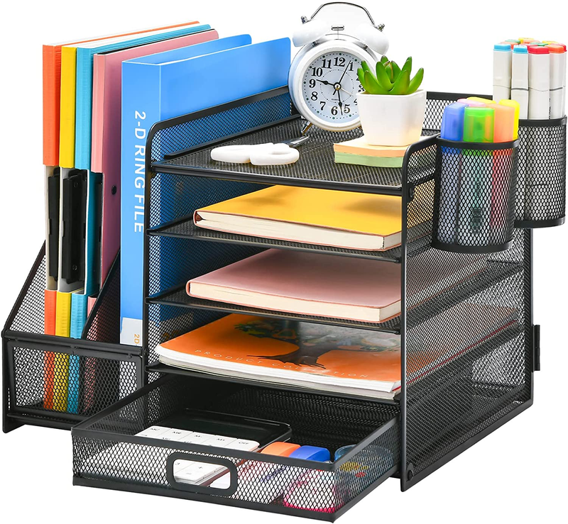 5-Tier Desk Organizer with Drawer & Pen Holders - Black Mesh Storage Solution10
