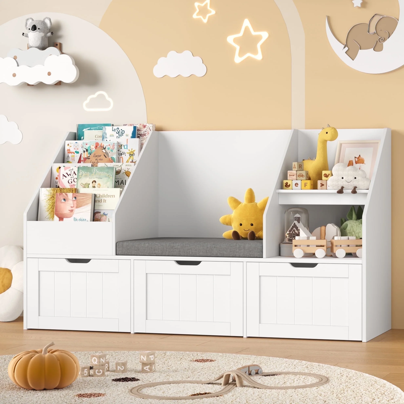 Kids Bookshelf with Reading Nook & 3 Movable Drawers, 2 Cube Bookcase with 4 Tie0