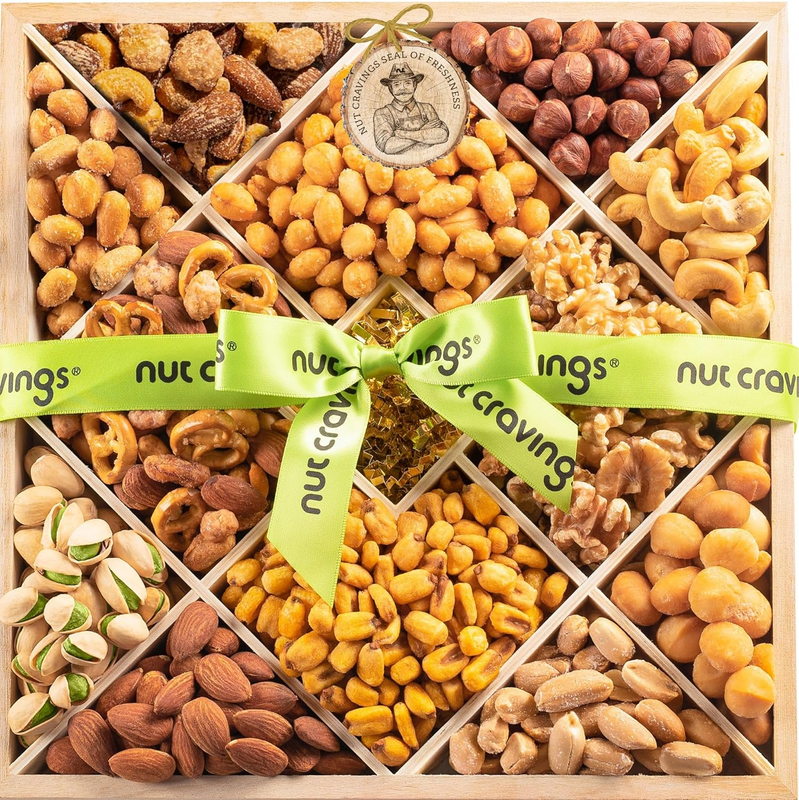   Holiday Christmas Mixed Nuts Gift Basket in Reusable Diamond Wooden Tray + Gre7