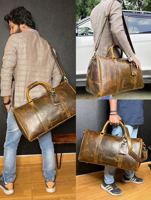 Leather Duffle Bag Men Travel Gym Carry On Overnight Weekender Rustic Town5