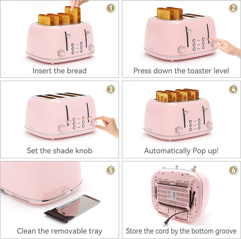 4-Slice Retro Toaster Pink 6 Shade Settings Cancel/Defrost/Reheat Wide Slots4
