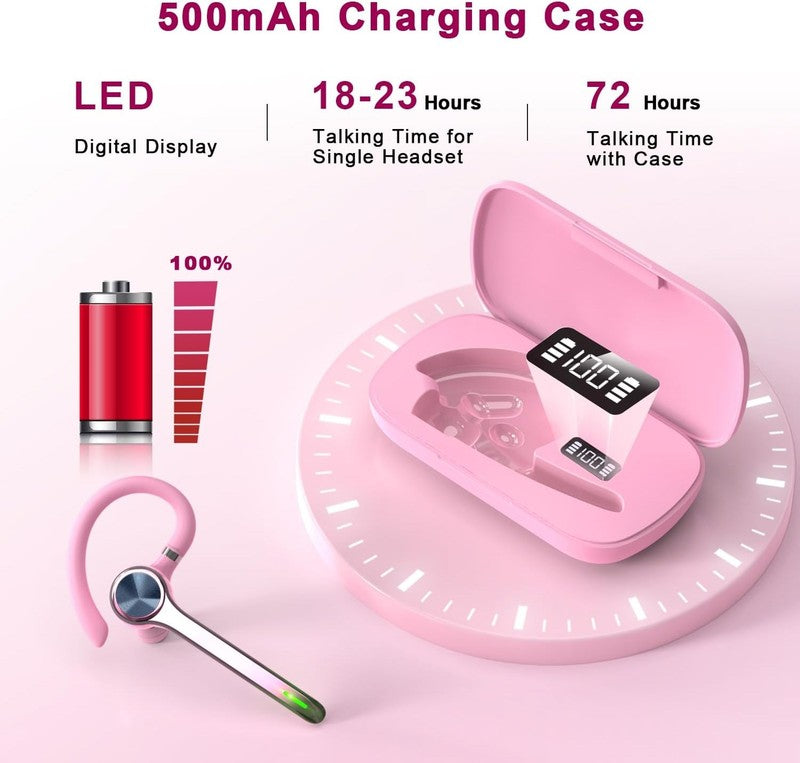 Bluetooth Headset V5.1 Wireless Earpiece 72H Talk 500mAh Case Hands Free Pink1