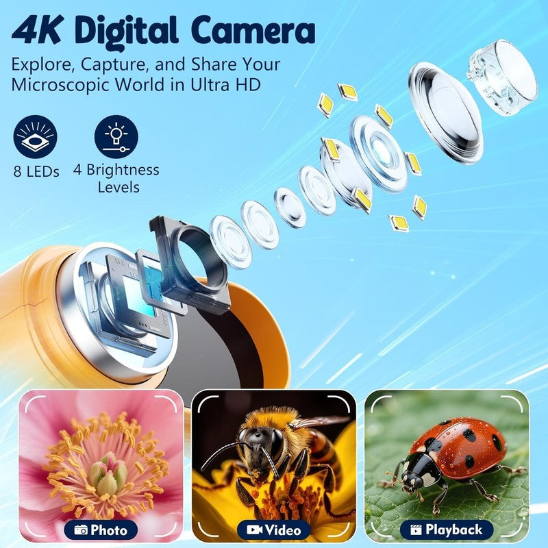 Kids 1000X Handheld Digital Microscope 4K 2.4" Display w/ 12 Slides – Orange2