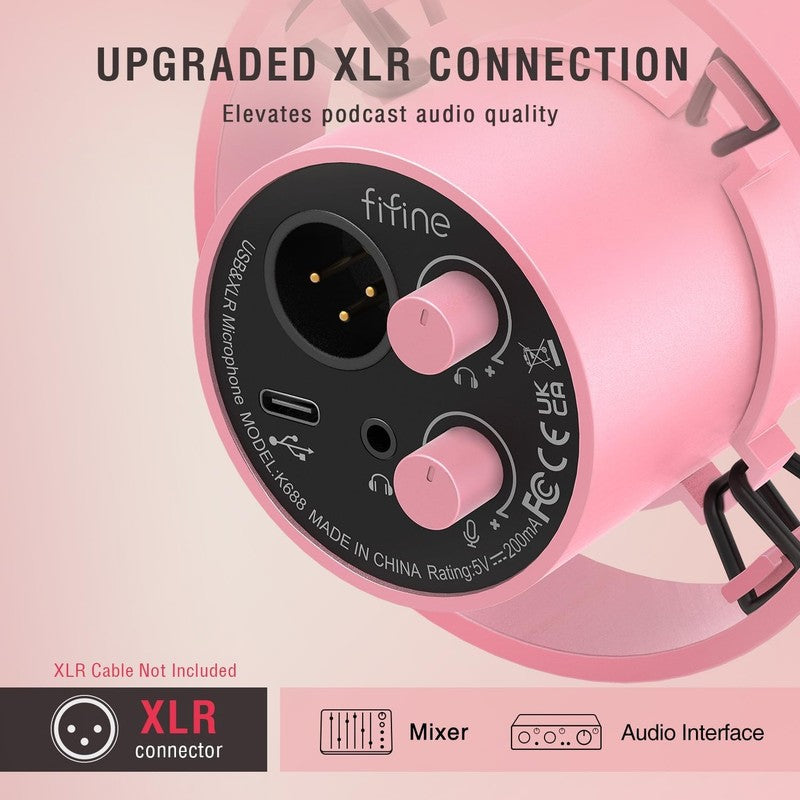 USB/XLR Dynamic Podcast Microphone Studio Mic w/ Mute Gain Monitor K688 Pink2