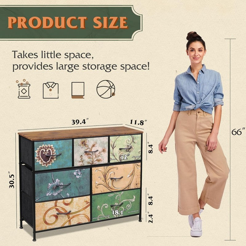 7 Drawer TV Stand Dresser Floral Painted Metal Frame Wood Top Storage Chest2