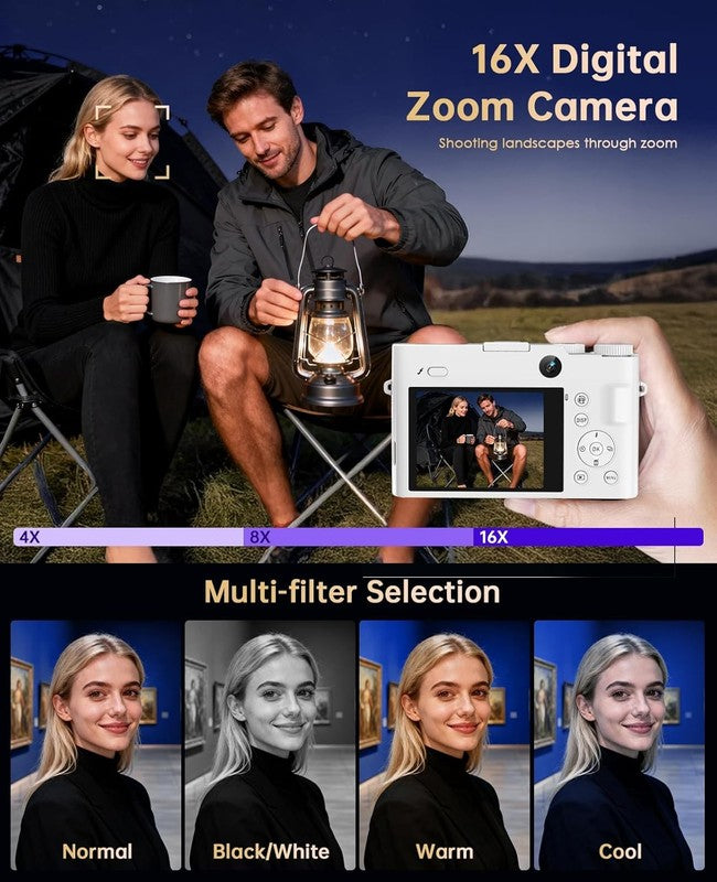 4K Digital Camera 64MP Vlogging Dual-Lens 16X Zoom Anti-Shake 3" Selfie White6