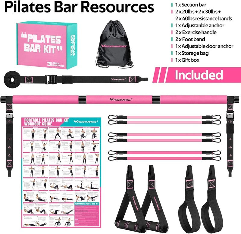Pilates Bar Kit w/ Resistance Bands Adjustable Metal Buckle Full Body Pink7