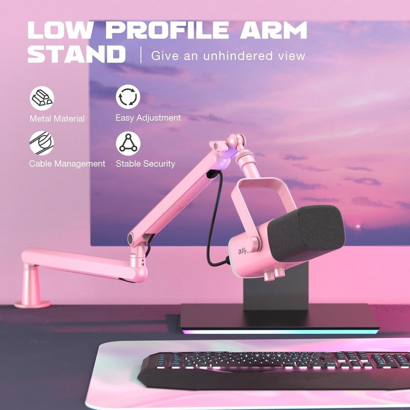 Low Profile Pink Boom Arm Mic Stand with Cable Management for Streaming Podcast1