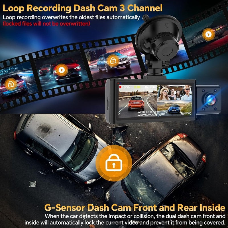 3 Channel Dash Cam Front Rear Inside 2.5K WiFi Car Camera IR Night 64GB Card6
