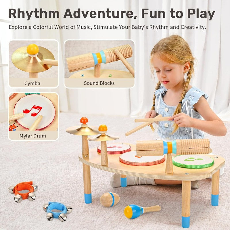 11 in 1 Kids Drum Set Montessori Wooden Musical Toys Toddler Music Table3