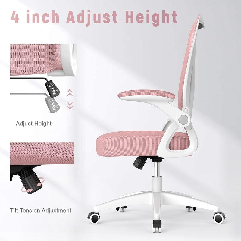 Ergonomic Mesh Office Chair Adjustable Height Flip Up Arms Lumbar Pink3
