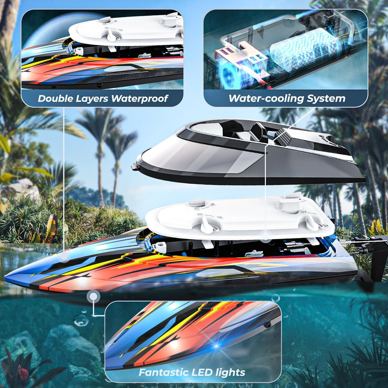 2 Pack RC Boat 12" Auto Flip 30 KPH LED Lights Waterproof Racing Boat Case2
