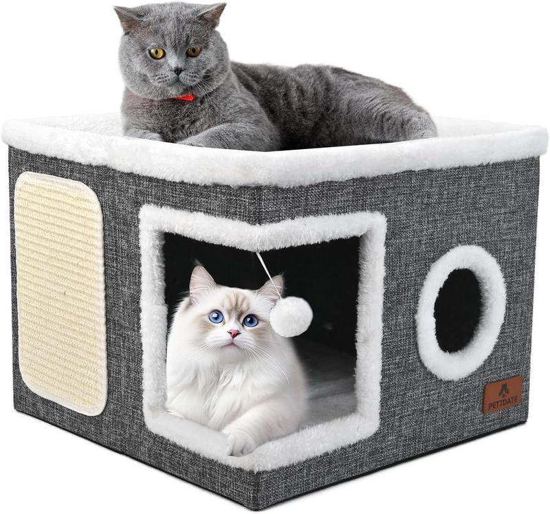 Cat Cave Bed for Indoor Cats – Foldable Cat House with Scratch Pad Grey9