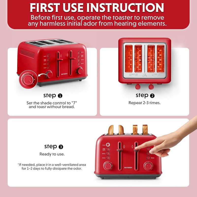Retro 4 Slice Toaster 1800W Extra Wide Slots 7 Shade Bagel Muffin Stainless Red2