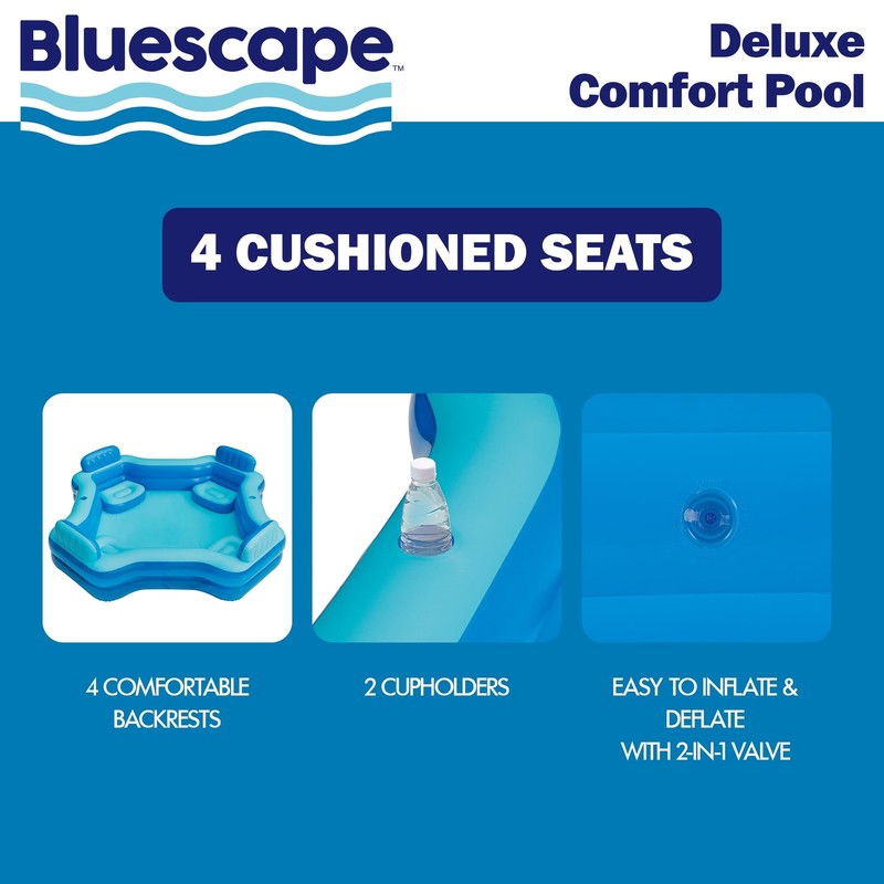 Blue Deluxe Comfort Inflatable Family Swimming Pool, 4 Seats, Square, Age 6 & Up1