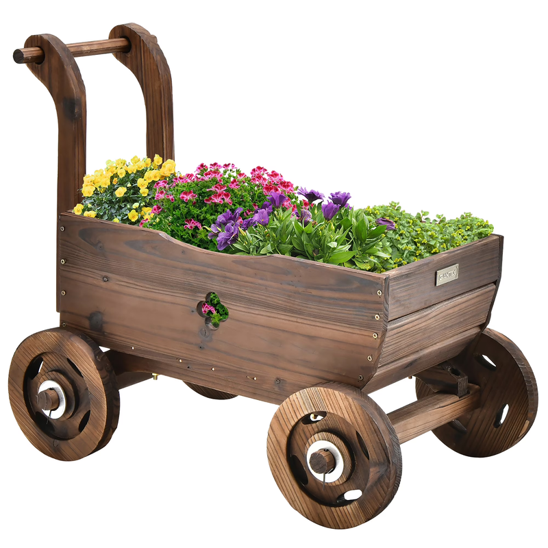 Decorative Wagon Cart Plant Flower Pot Stand Wooden Raised Garden Planter Box0
