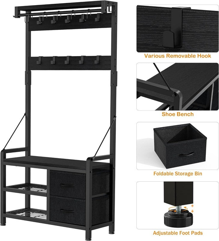 Hall Tree Entryway Bench with Coat Rack & Storage 5-in-1 Black 31.5"4