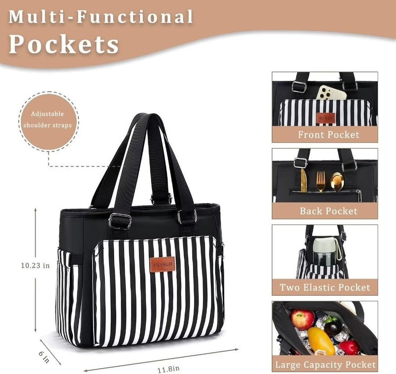 Large Insulated Lunch Bag for Women Leakproof 12L Cooler Tote Black Stripes1