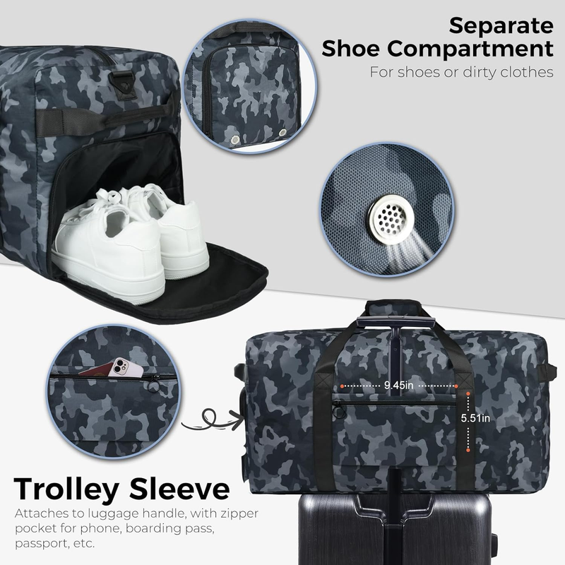 65L Travel Duffel Bag Foldable w/ Shoe Compartment Water Resistant Gray4