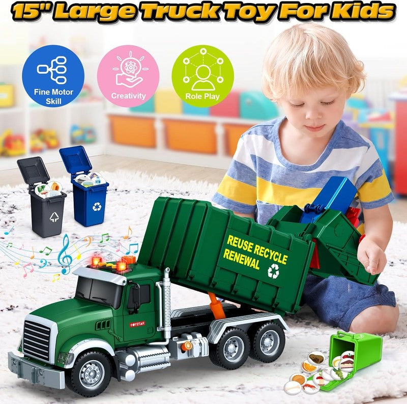 15 Inch Garbage Truck Toy with Sound Lights Trash Bins Learning Cards for Kids A5