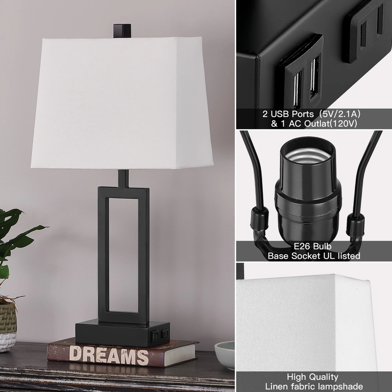 Set of 2 3 Way Dimmable Touch Table Lamps USB Ports AC Outlet Modern Nightstand 6