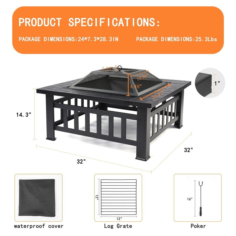 32" Outdoor Fire Pit Table Wood Burning w/ Lid, Poker, BBQ Net, Ice Tray, Black4