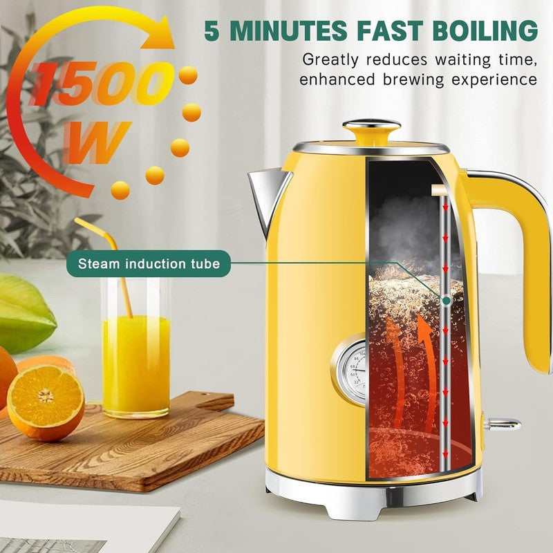 Electric Kettle 57Oz 1500W Stainless Steel Fast Boil w/ Thermometer Yellow3