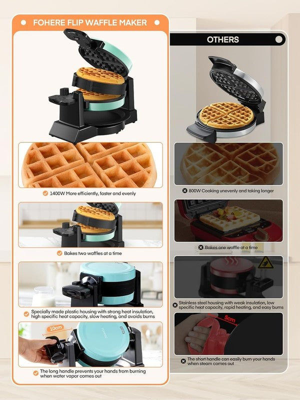 Double Belgian Waffle Maker 1400W Flip Iron Nonstick 8 Slice Mint Blue4