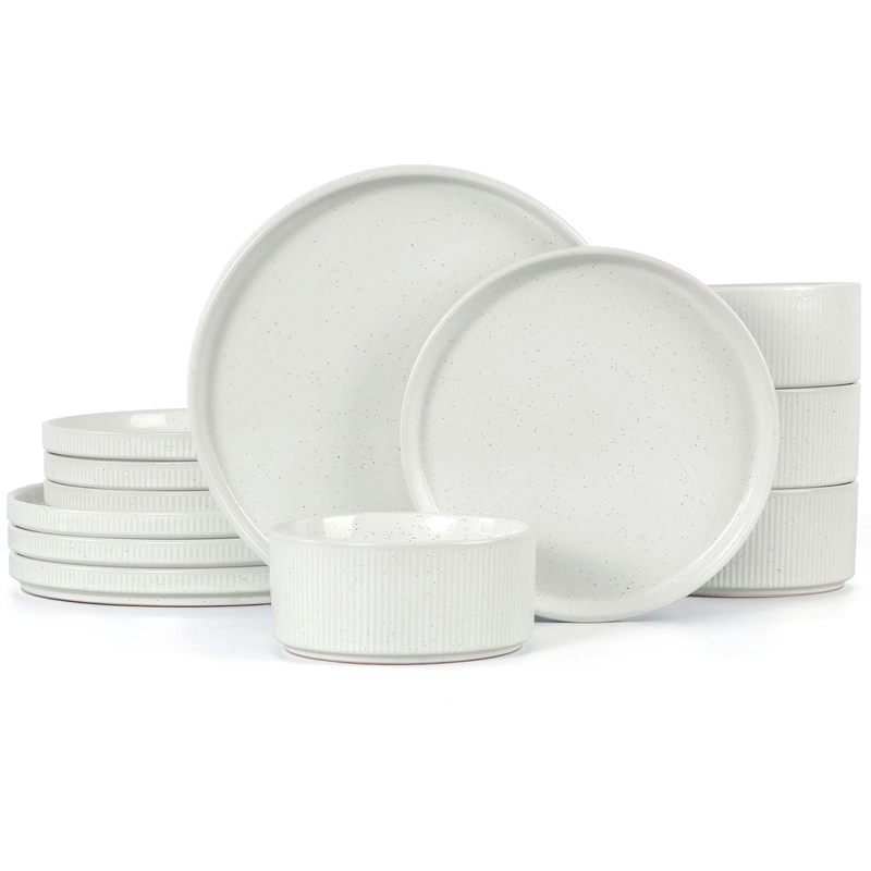 12Pc Stoneware Dinnerware Set for 4 Ribbed Plates Bowls Speckled White9