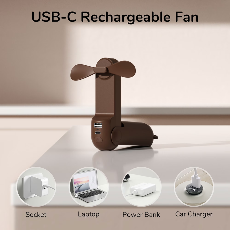 Portable Mini Fan Rechargeable Handheld 3 in 1 Pocket Fan Power Bank Brown1