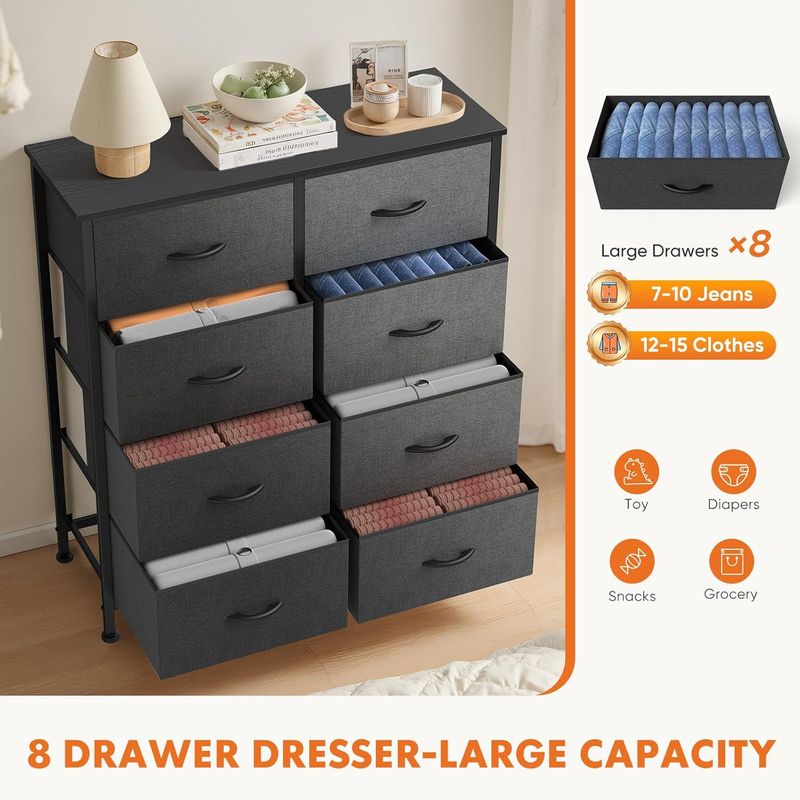 8 Drawer Fabric Dresser Storage Tower Steel Frame Wood Top Grey3