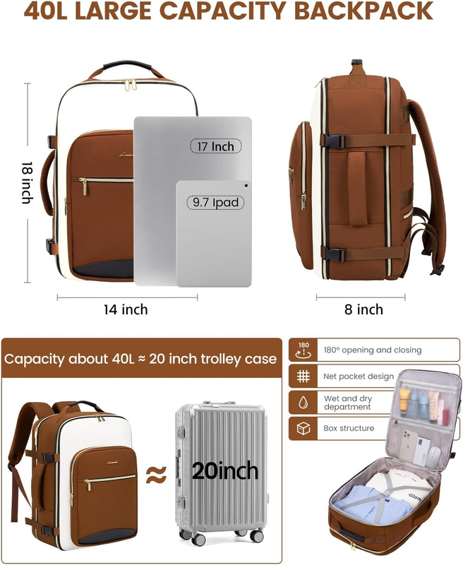 40L Travel Backpack Carry On TSA Approved 17in Laptop 3 Packing Cubes3