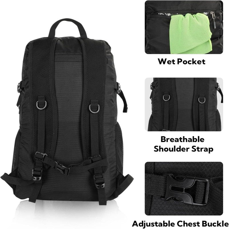 Unisex 30L Small Foldable Packable Travel Hiking Nylon Backpacks Daypack,Black1